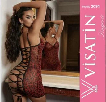 İp Detay Leopar Desen Fantezi Gecelik